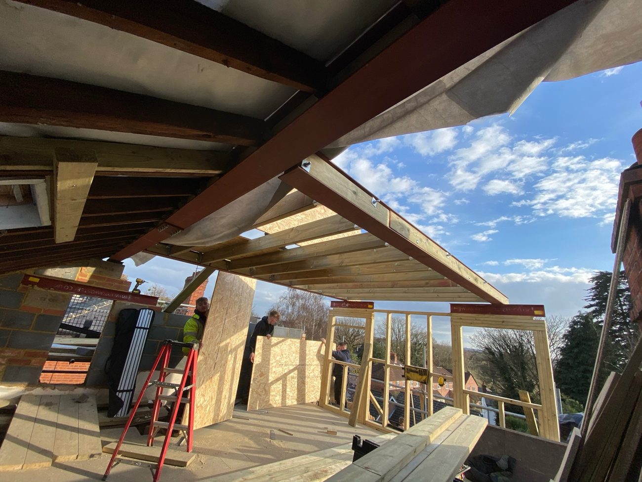 Underside of a new oak and steel roof structure