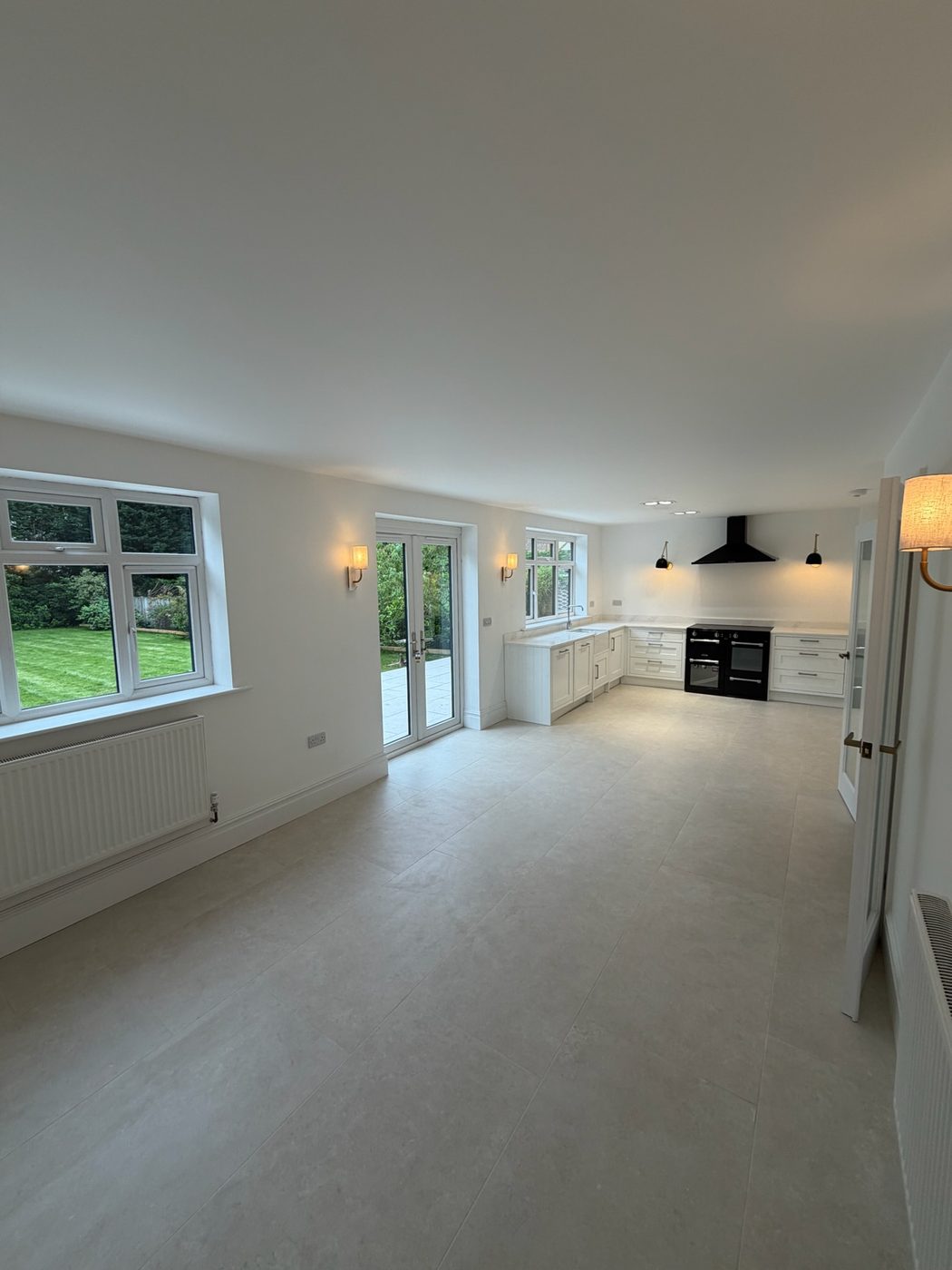 Open plan kitchen and living space in a completed new build