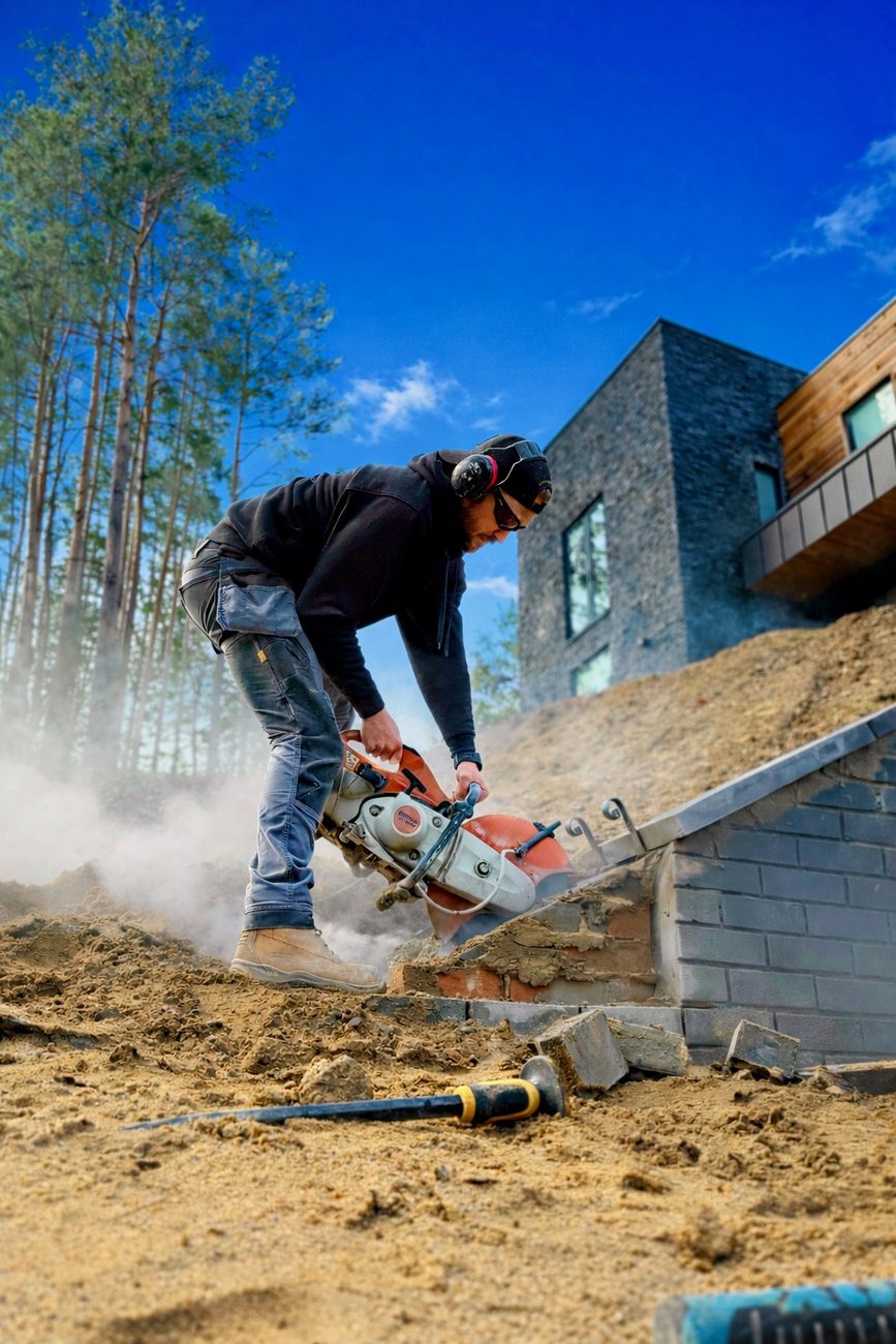 Bricklayer cutting blocks on site