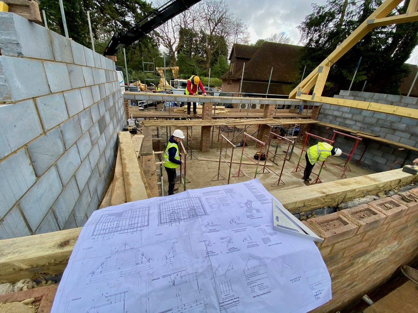 Site drawings and new blockwork during construction